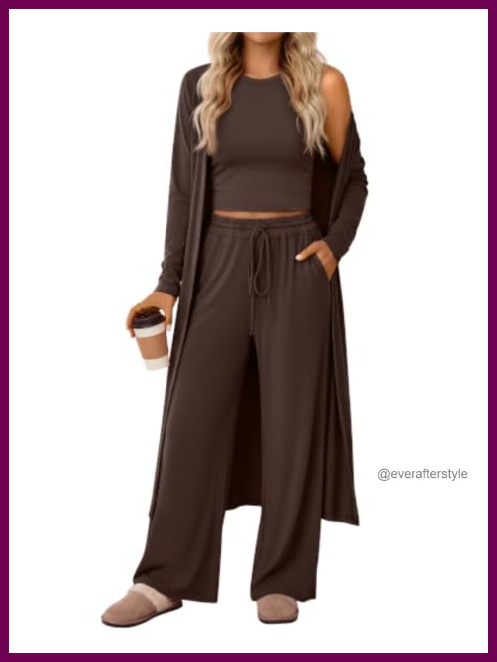 Women's 3 Piece Lounge Set Cardigan Top Wide Leg Pants Travel Outfit